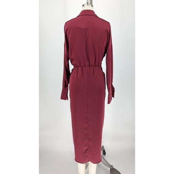 BTFBM Satin Tie Midi Shirtdress Red S Business casual preppy holiday office - Picture 2 of 9